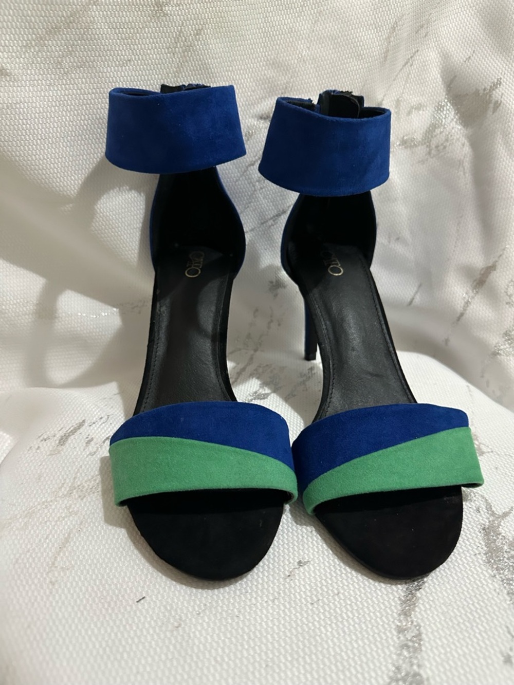 Blue & Green Ankle-Strap Suede Heels